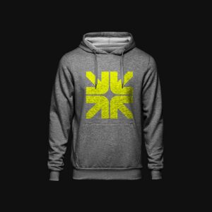 A gray hoodie with yellow logo on it.